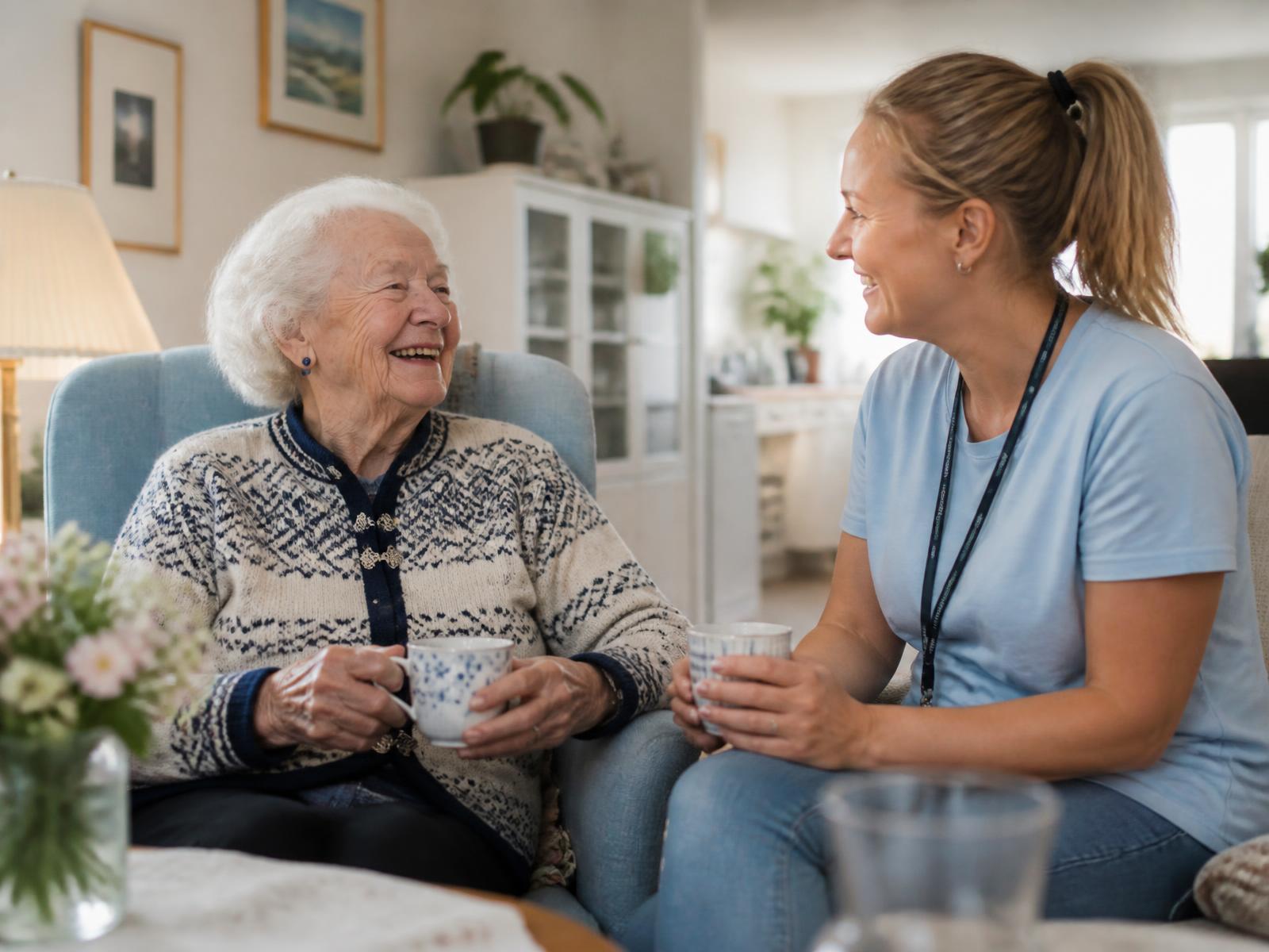 Eldre kvinne og omsorgsarbeider som ler sammen over en kopp kaffe